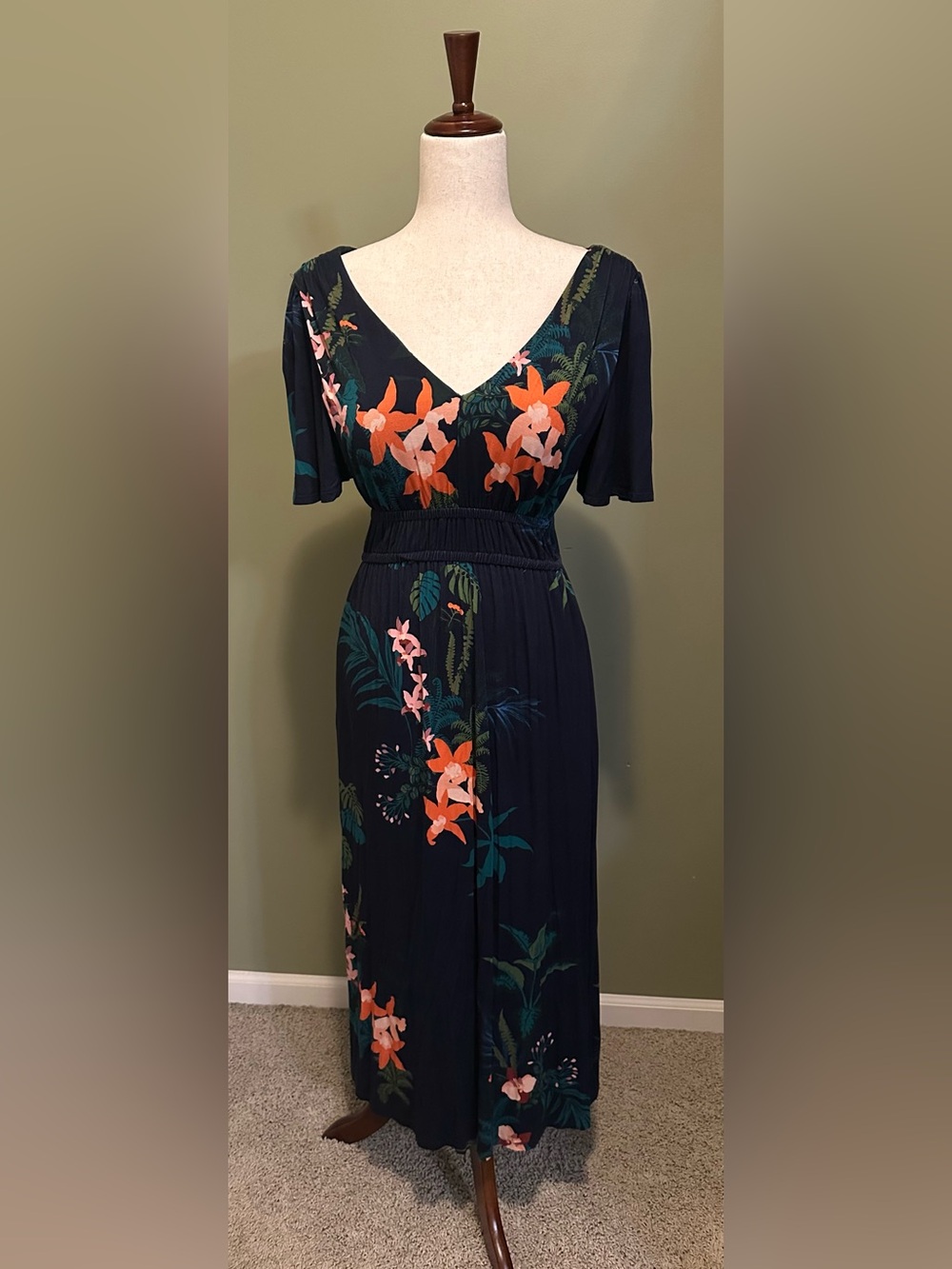 Soma Navy Floral V-Neck Maxi Dress with Teal & Orange Accents